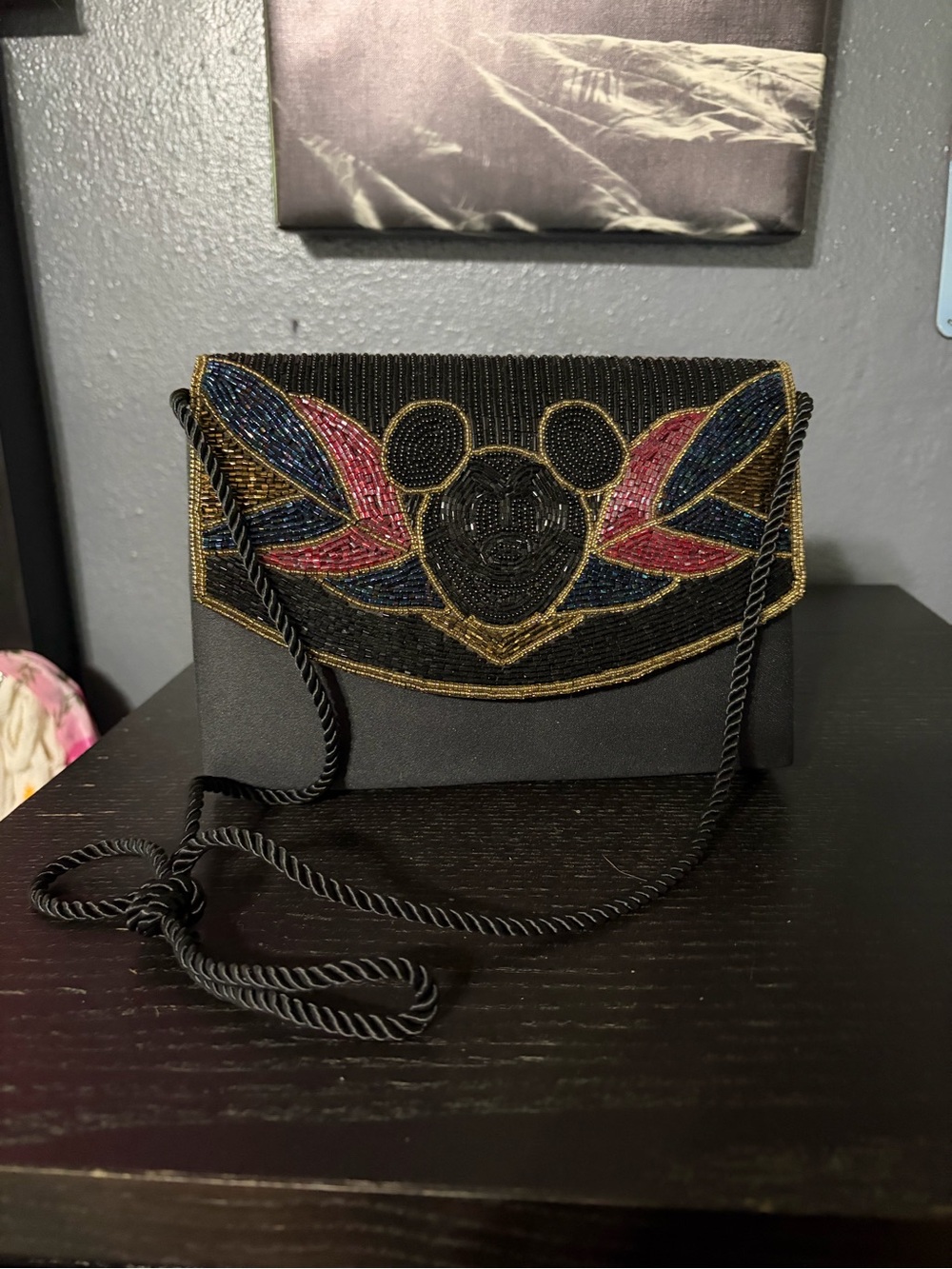 Beaded Black Mickey Mouse Evening Crossbody Bag with Multicolor Embroidery